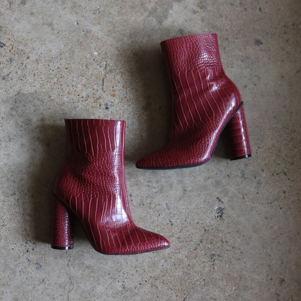 Dark Red Croc Embossed Pointed Toe Ankle Boots 6